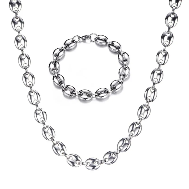 11MM Width Stainless Steel Chain Link Necklace & Bracelet Set