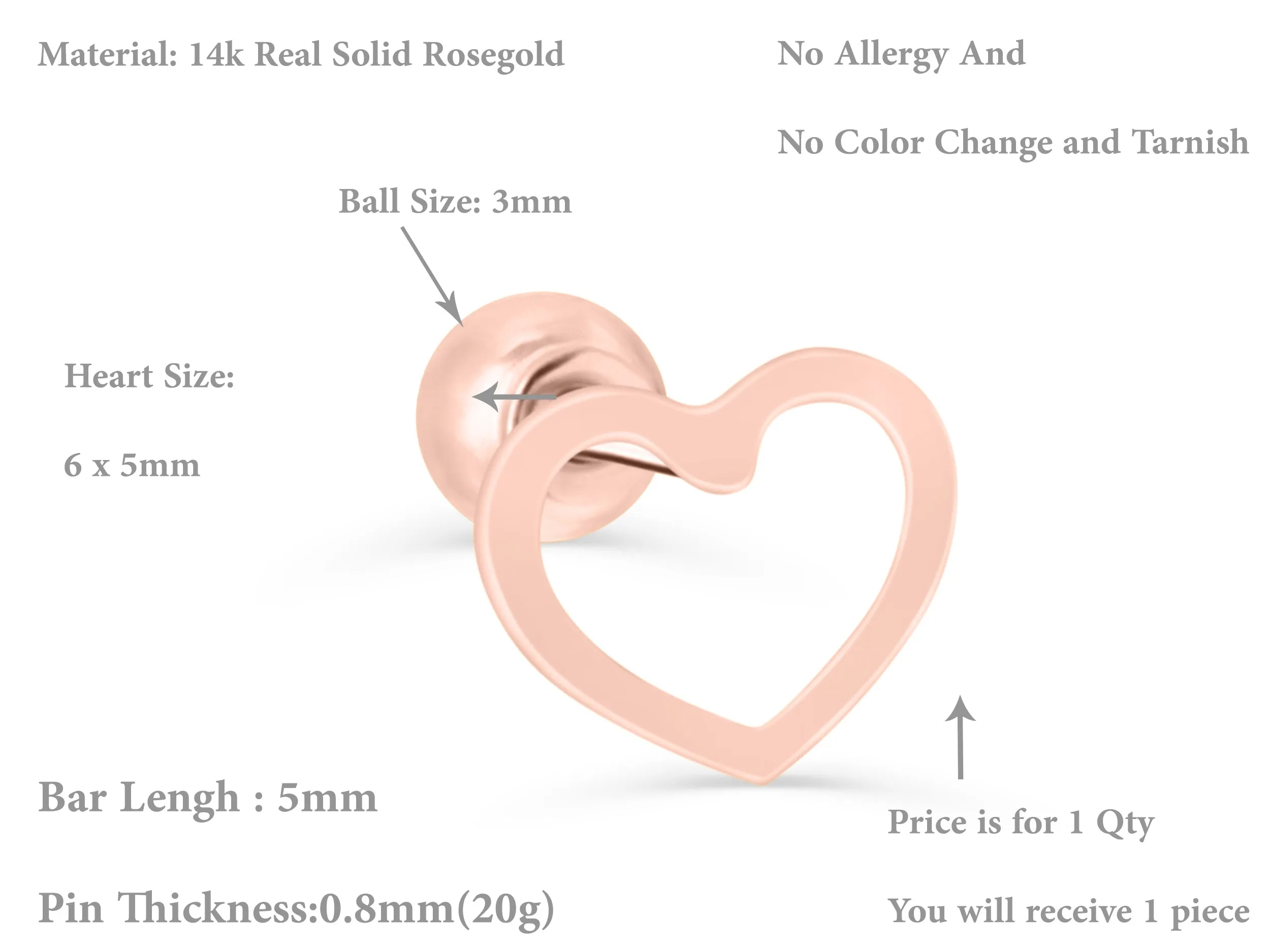 14k Gold Heart Barbell Ear Stud Piercing