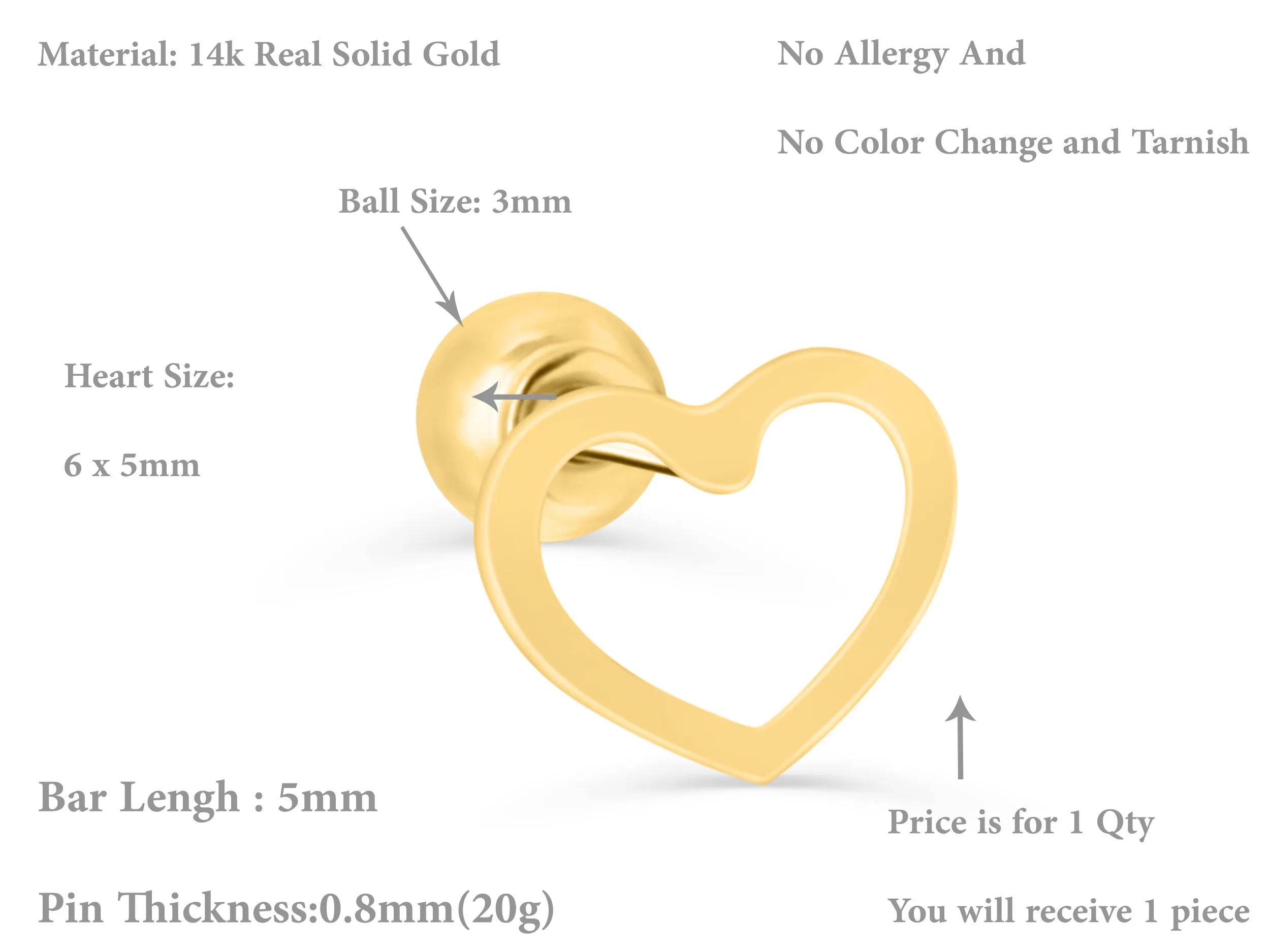 14k Gold Heart Barbell Ear Stud Piercing