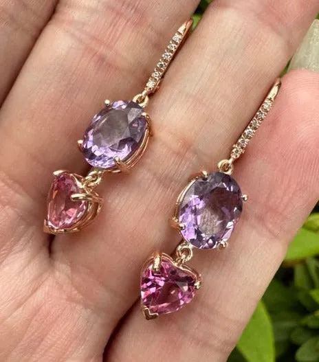 Amethyst Pink Topaz Heart Drop Earrings