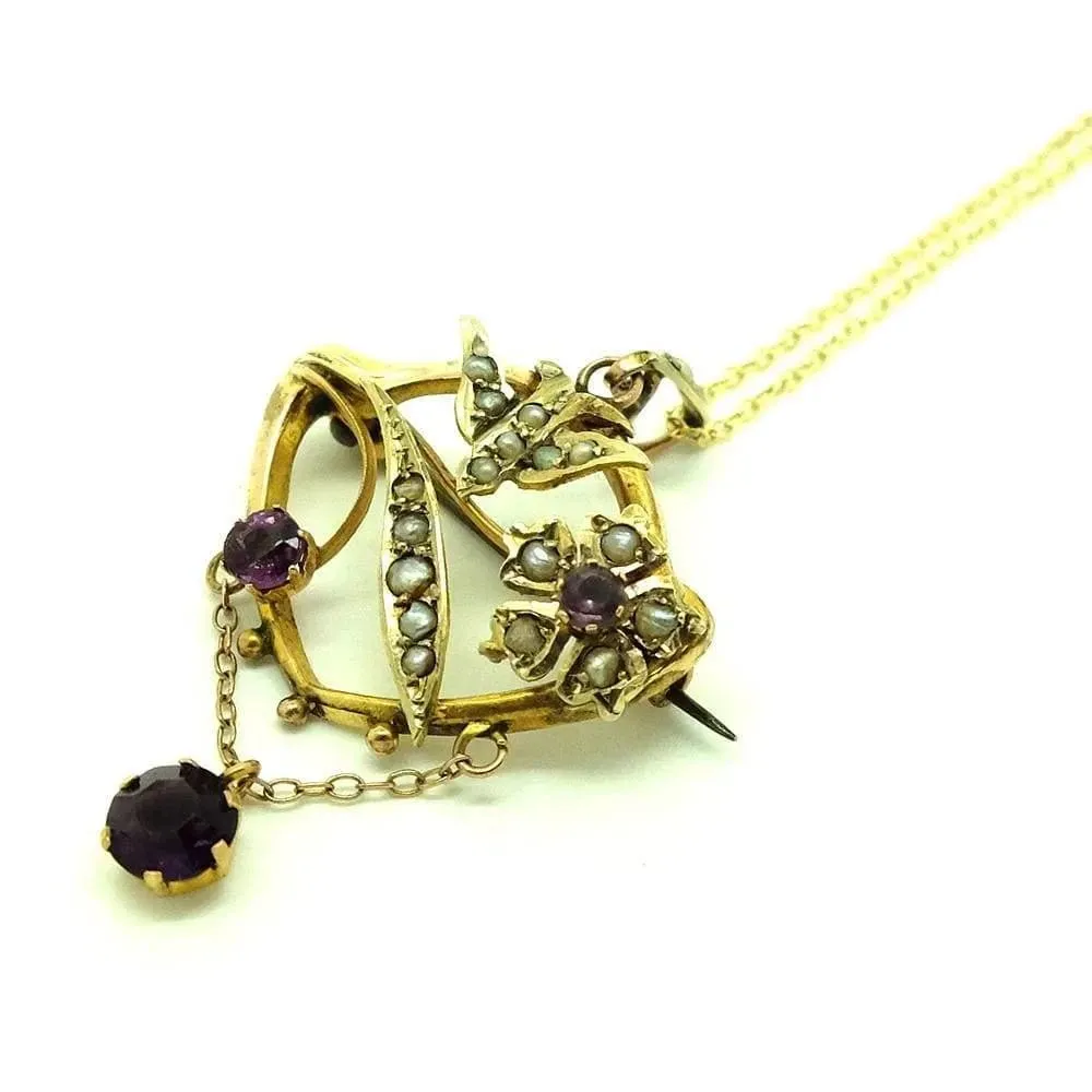 Antique 1919 Swallow Seed Pearl Amethyst 9ct Gold Necklace