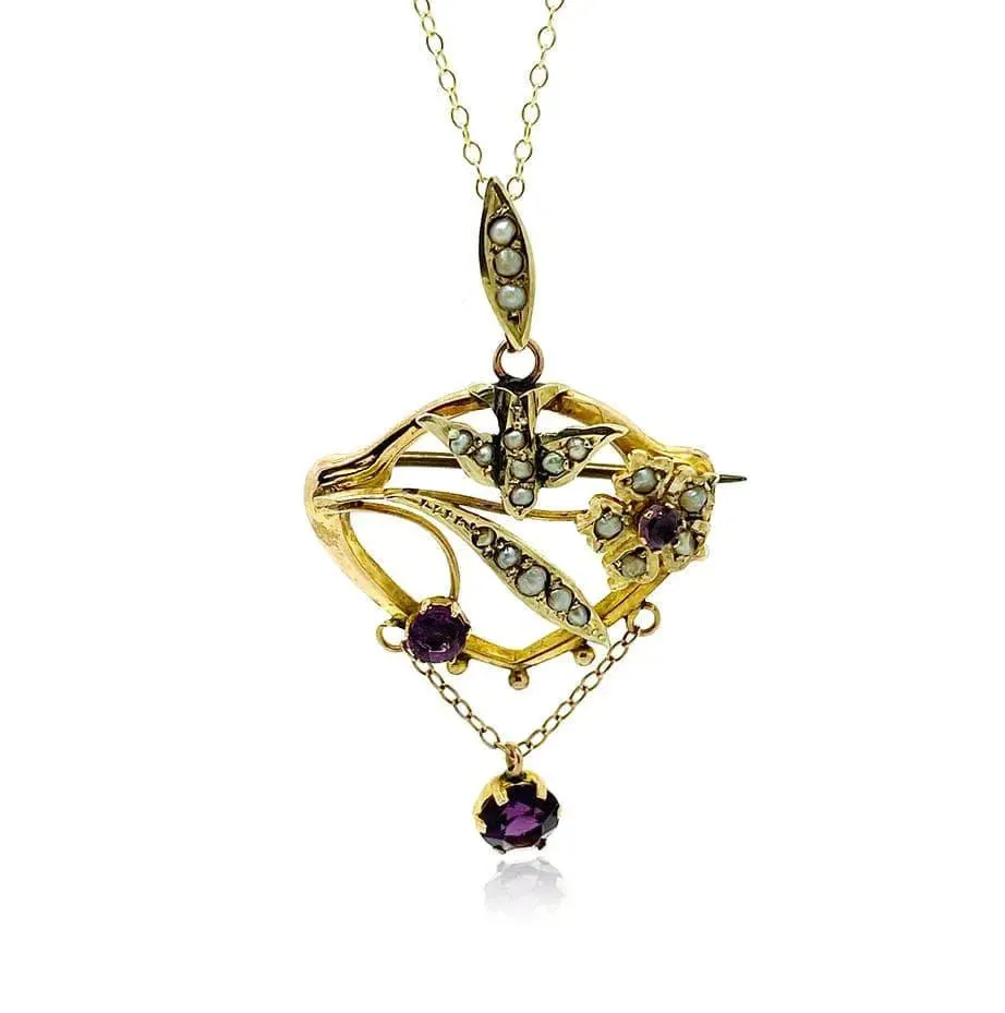 Antique 1919 Swallow Seed Pearl Amethyst 9ct Gold Necklace