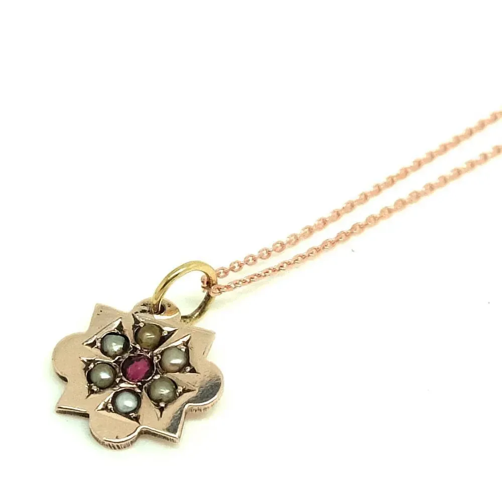 Antique Victorian Ruby & Seed Pearl 9ct Rose Gold Necklace