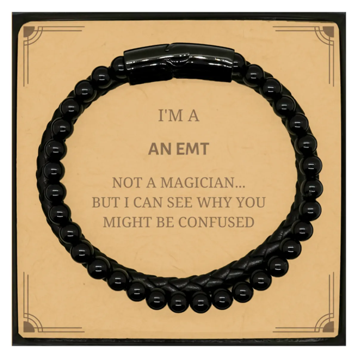 Badass EMT Gifts, I'm EMT not a magician, Sarcastic Stone Leather Bracelets for EMT Birthday Christmas for  Men, Women, Friends, Coworkers