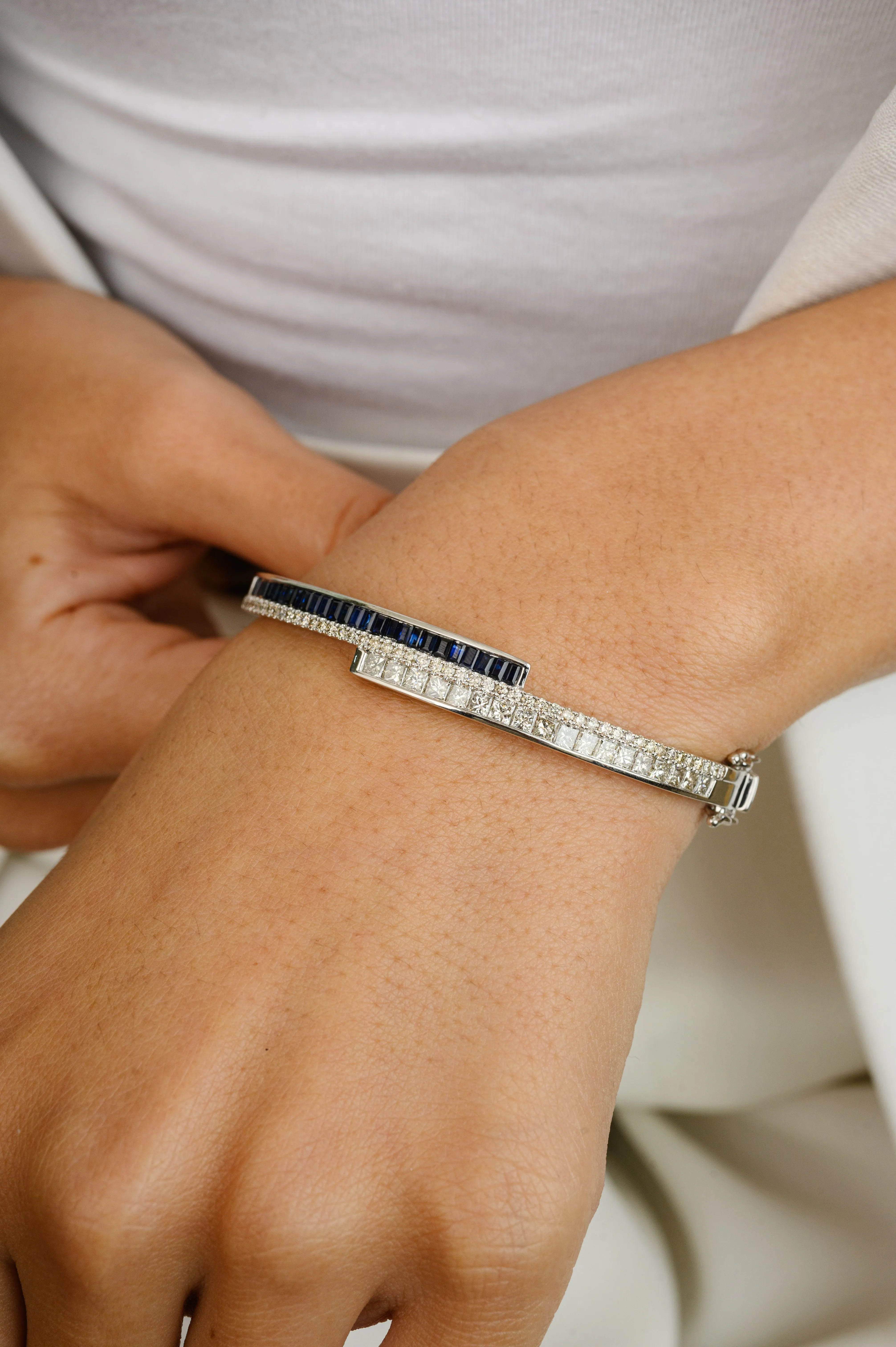 Blue Sapphire & Diamond Cuff Bangle Bracelet