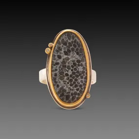 Bryozoan Fossil Ring with Three Diamonds