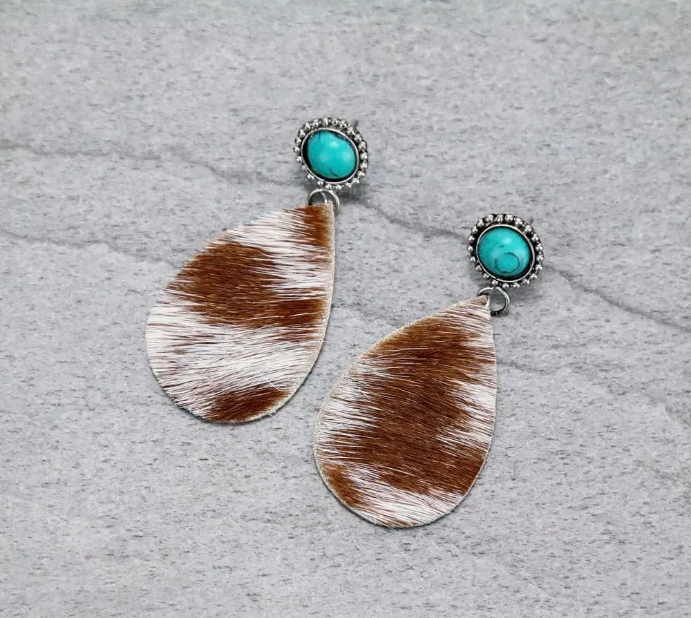 Cowhide turquoise drop earrings