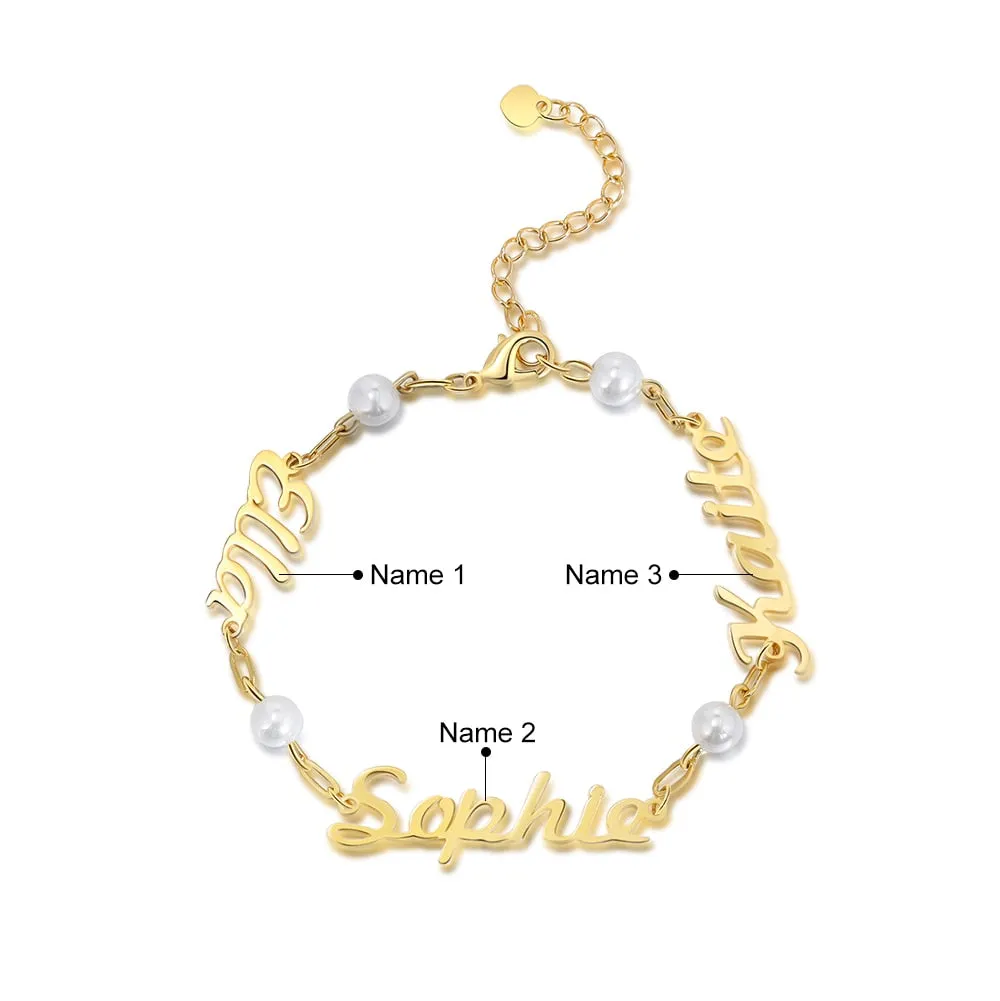 Customized 3 Names Adjustable Chain Bracelet with Pearl Personalized Nameplate Bracelets for Family Gifts