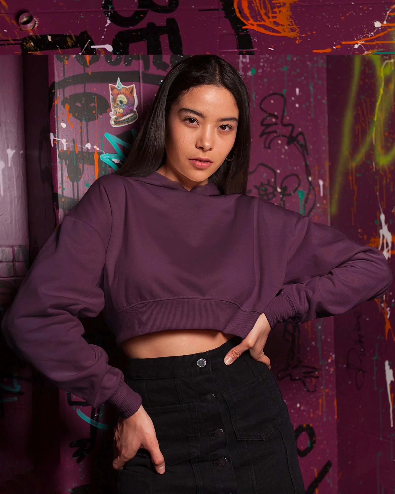 Drop Shoulder Crop Hoodie: Wine