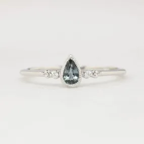 Estel Ring - 0.35ct Unheated Blue Green Teardrop Sapphire, 14k White Gold