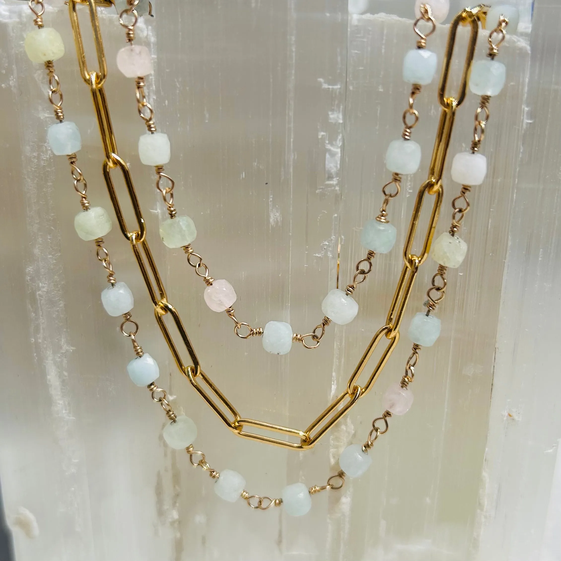 Gemstone Rosary Necklace ~ Aquamarine Cubes