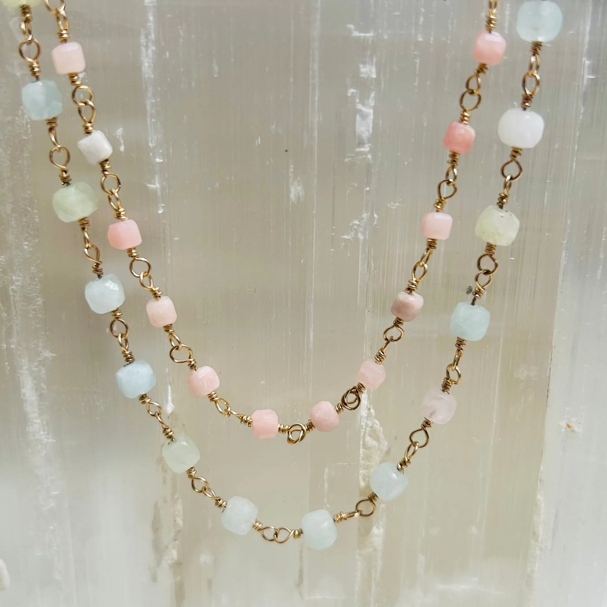 Gemstone Rosary Necklace ~ Aquamarine Cubes