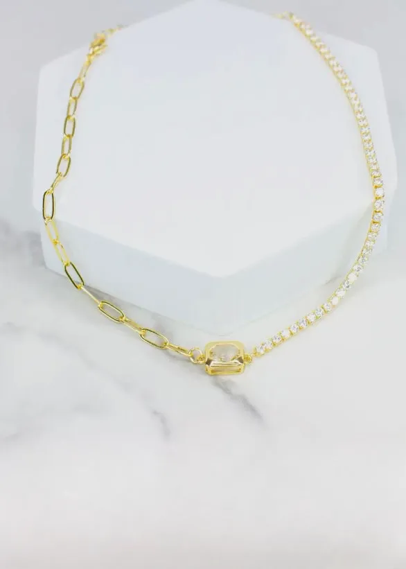 Gold Paper Clip Tennis Necklace