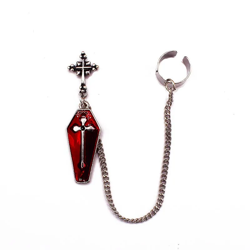 Halloween Earrings Gothic Ancient Silver Color Red Drop Oil Cross Coffin Ear Stud Earrings Single Ear Bone