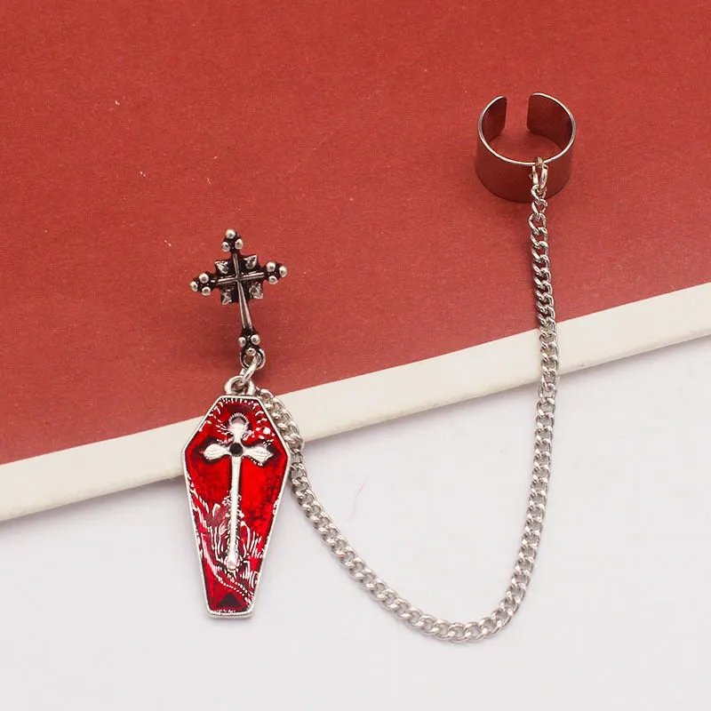 Halloween Earrings Gothic Ancient Silver Color Red Drop Oil Cross Coffin Ear Stud Earrings Single Ear Bone