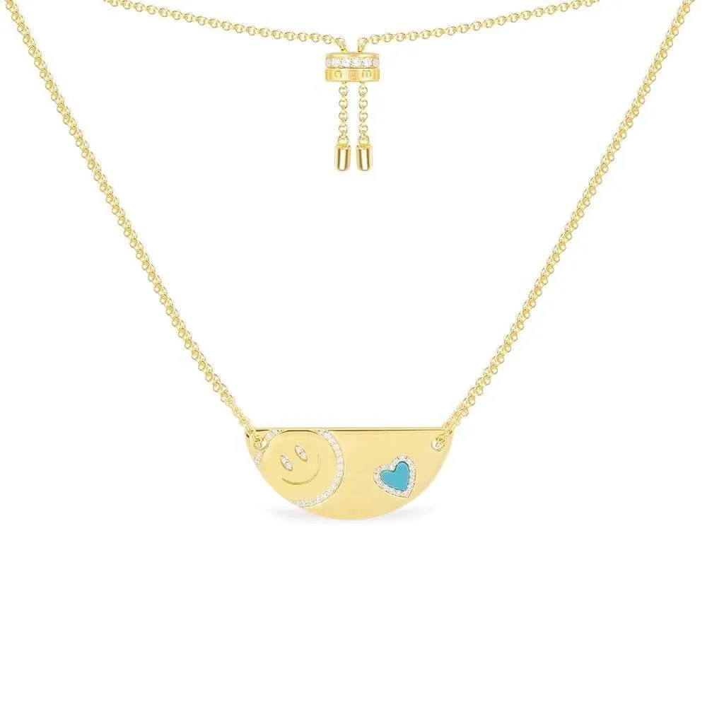 Happy Face Plaque Necklace - Yellow Silver