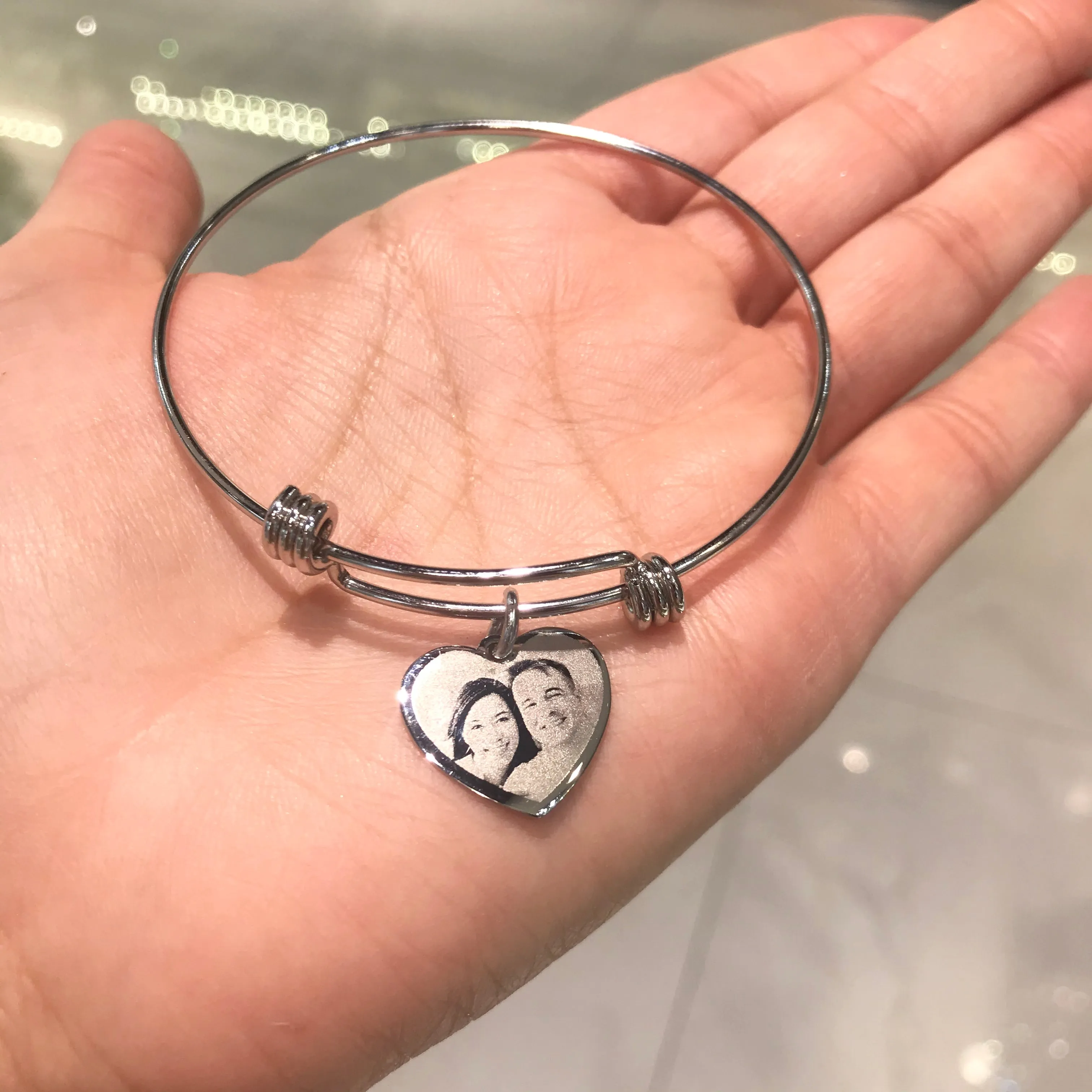 Heart Bangle Bracelet - Photo Engraving