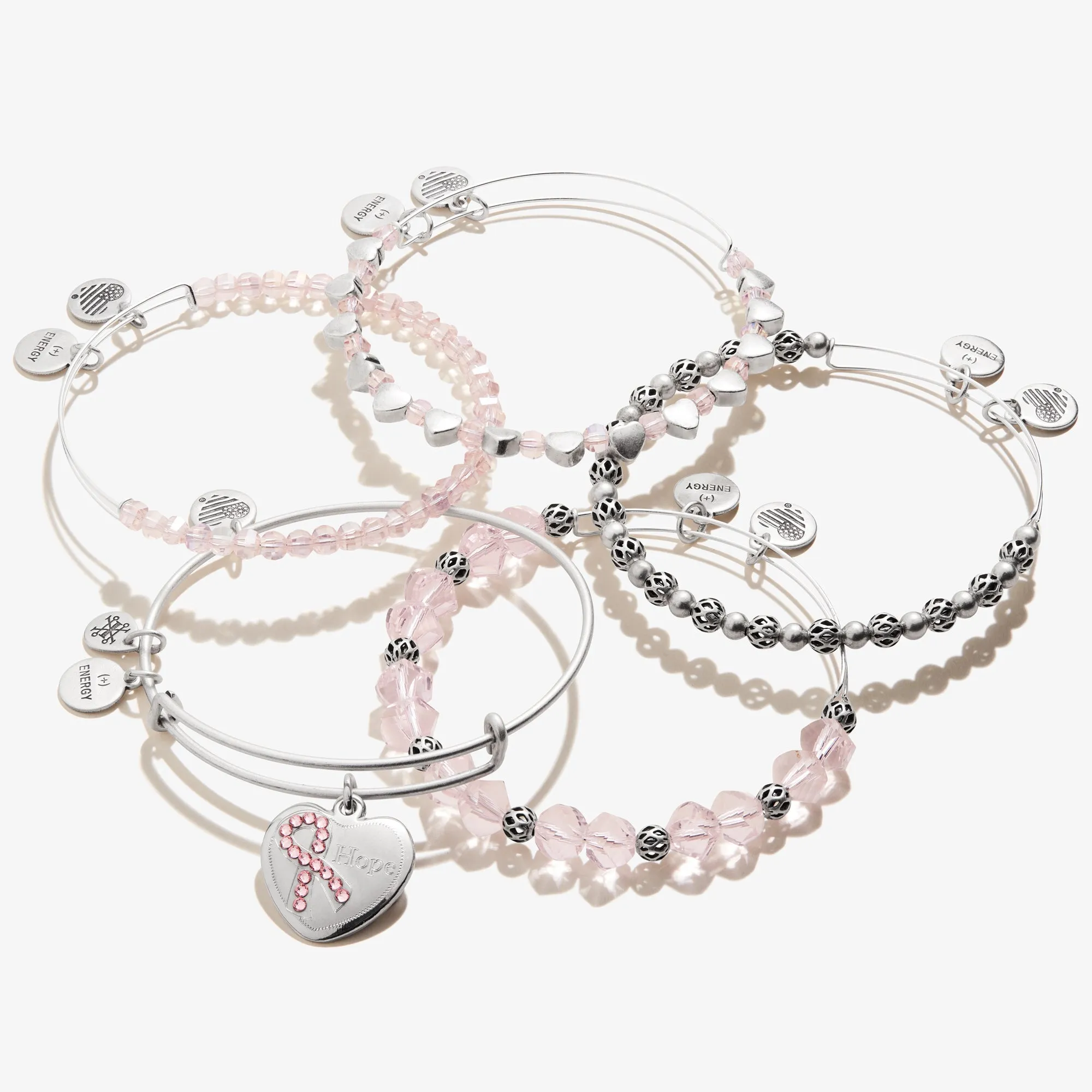 'Hope' Pink Ribbon Charm Bangle, Set of 5