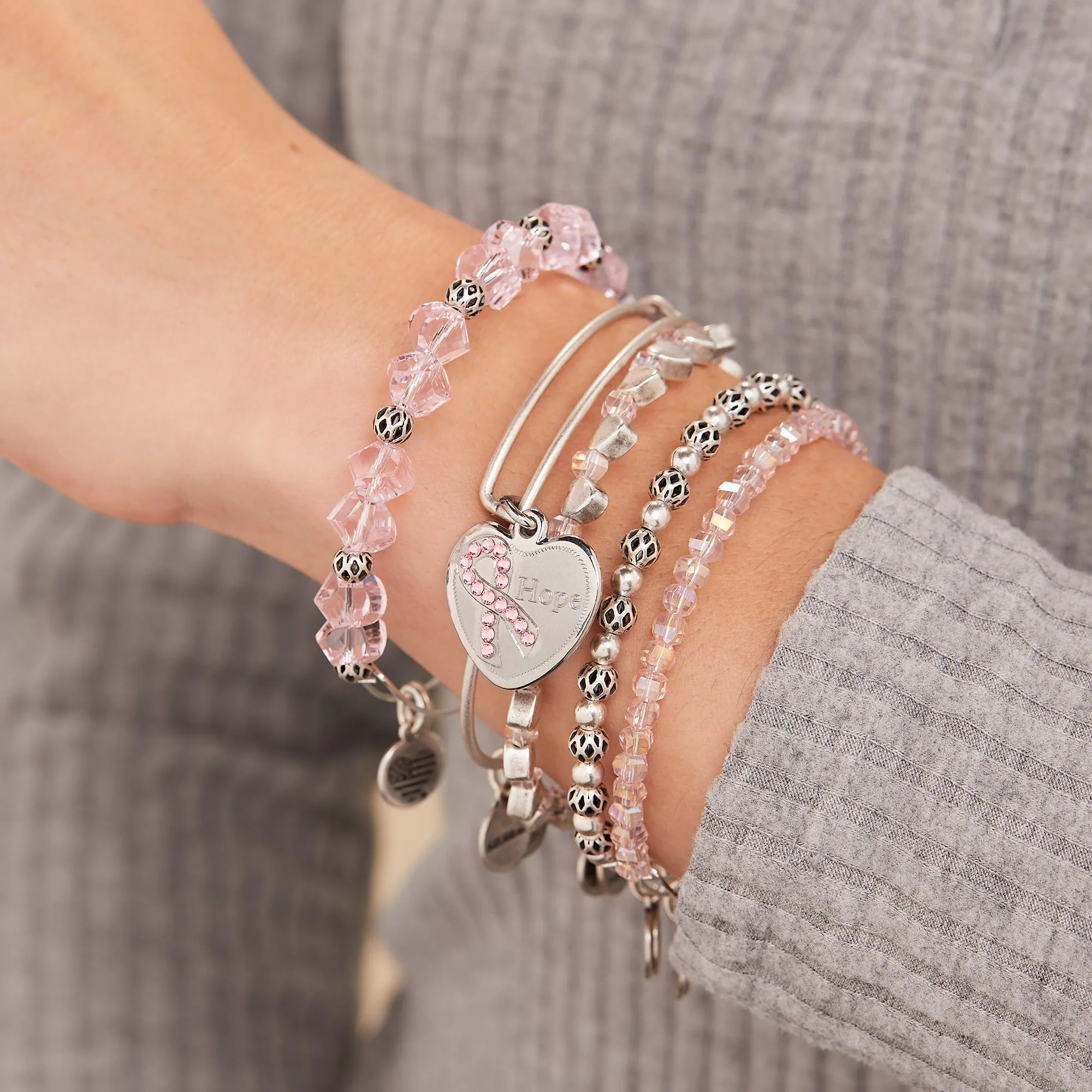 'Hope' Pink Ribbon Charm Bangle, Set of 5