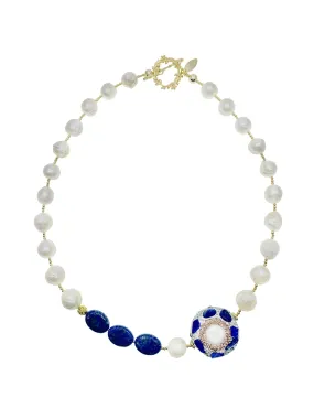 Irregular Pearls With Lapis Rhinestone Statement Necklace GN050