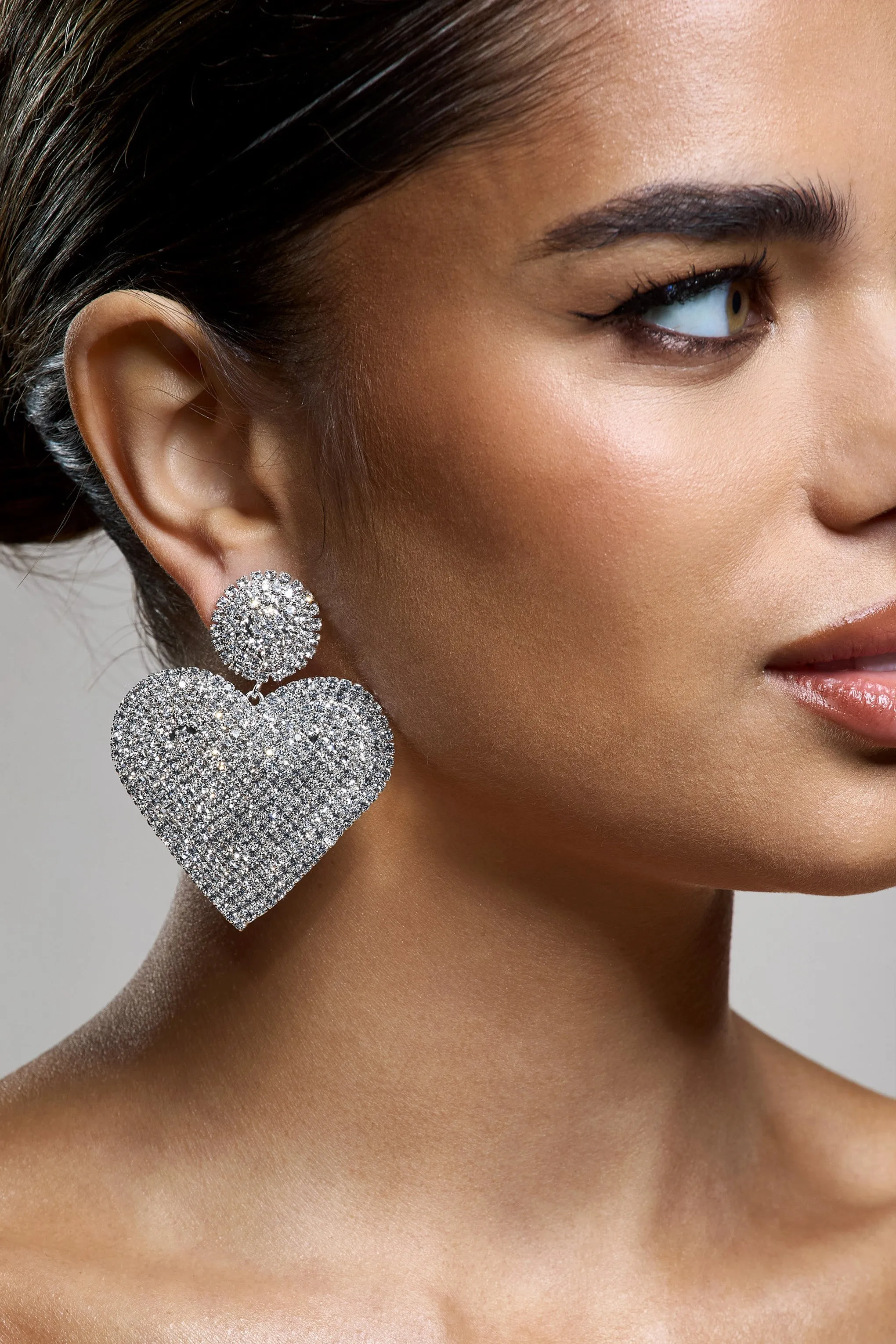 J'adore | Silver Diamante Heart Drop Earrings