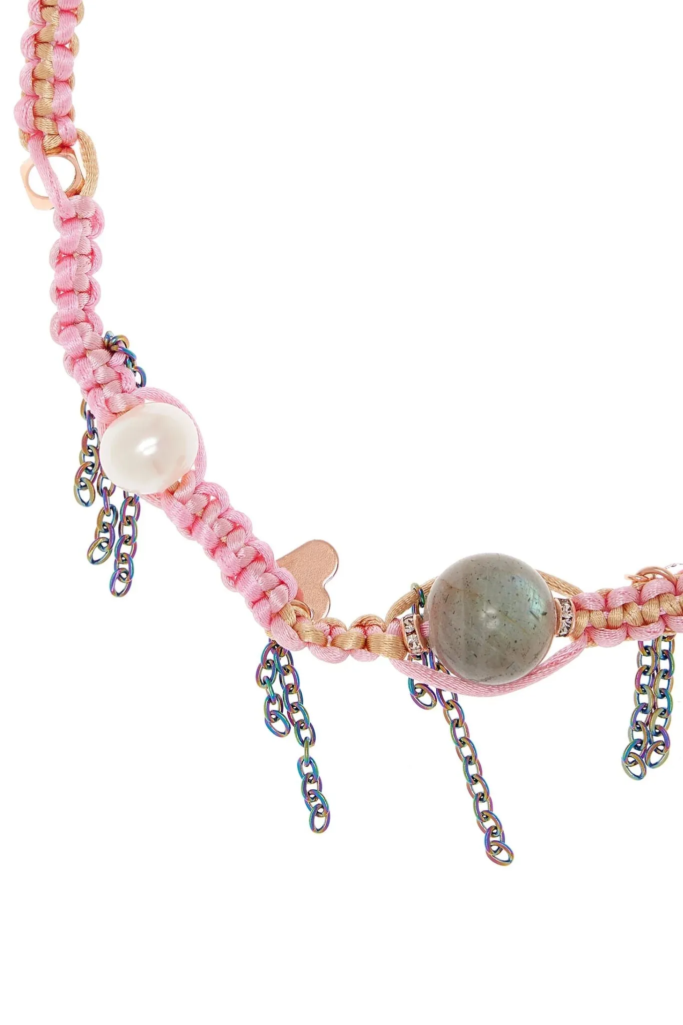 Joie DiGiovanni Gemstone Single Strand Necklace- Cotton Candy Barbie Dream Sky Pearl Labradorite & Rose Gold Lucky Charm Silk Rocker Choker