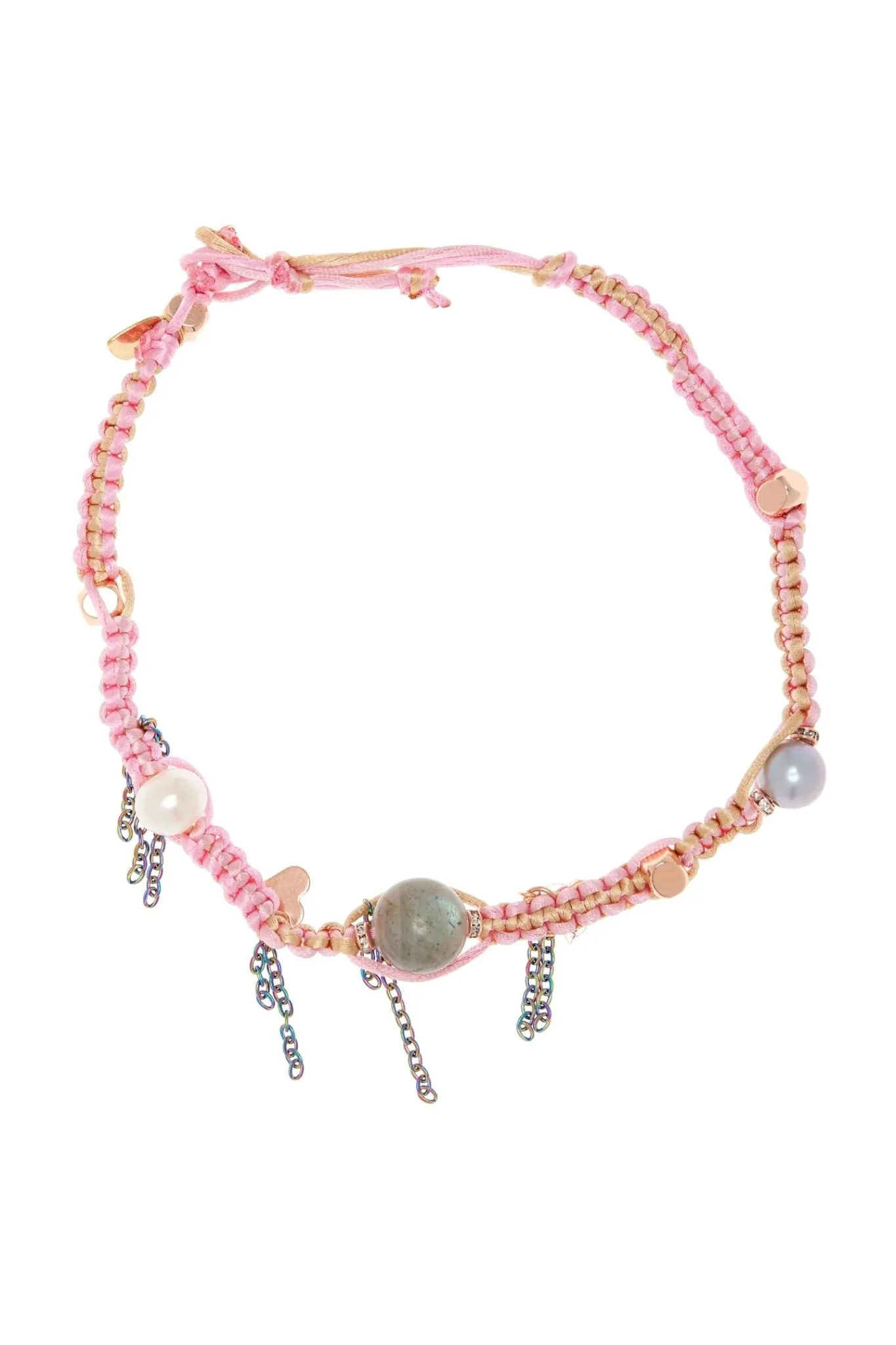 Joie DiGiovanni Gemstone Single Strand Necklace- Cotton Candy Barbie Dream Sky Pearl Labradorite & Rose Gold Lucky Charm Silk Rocker Choker