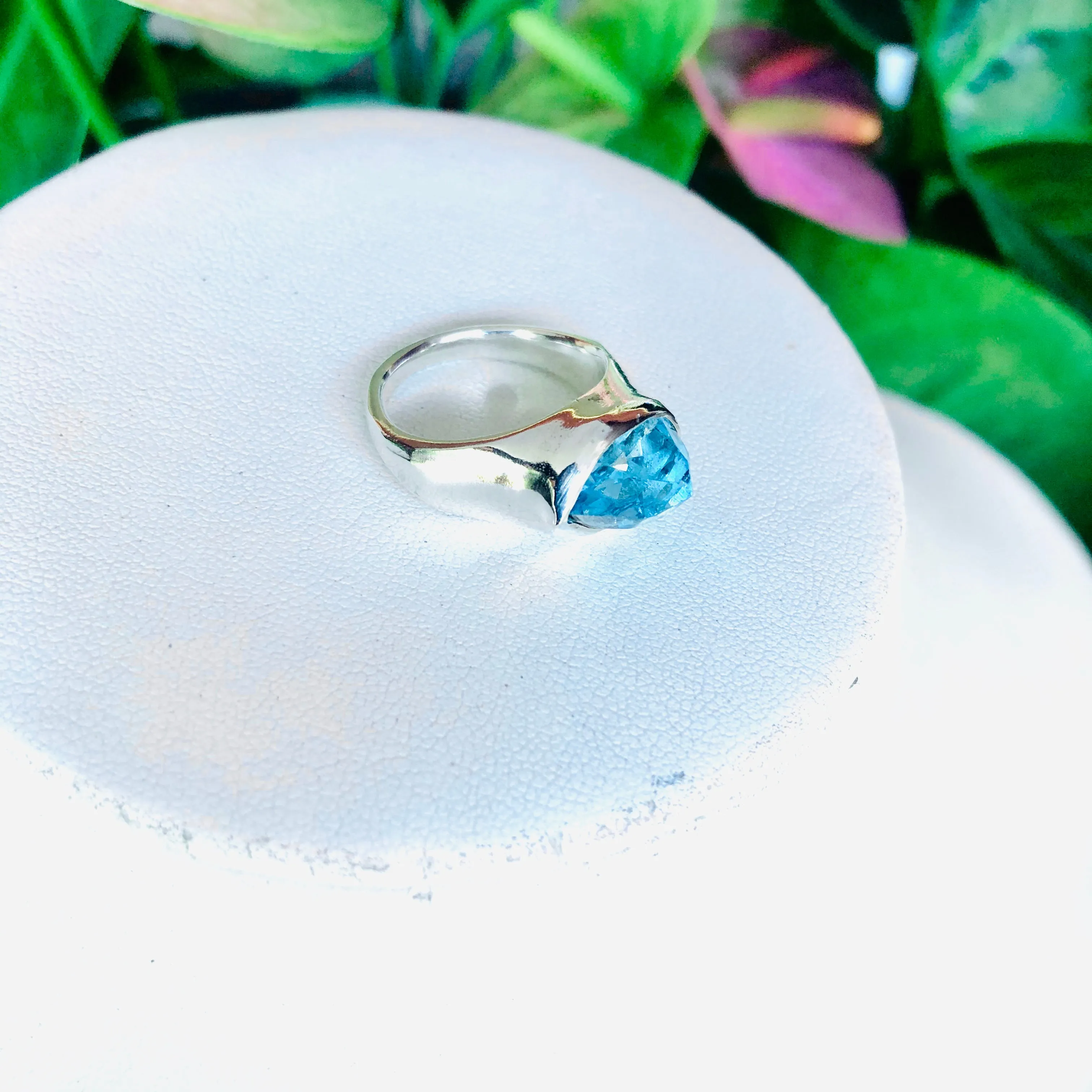 Large pear top blue topaz ring