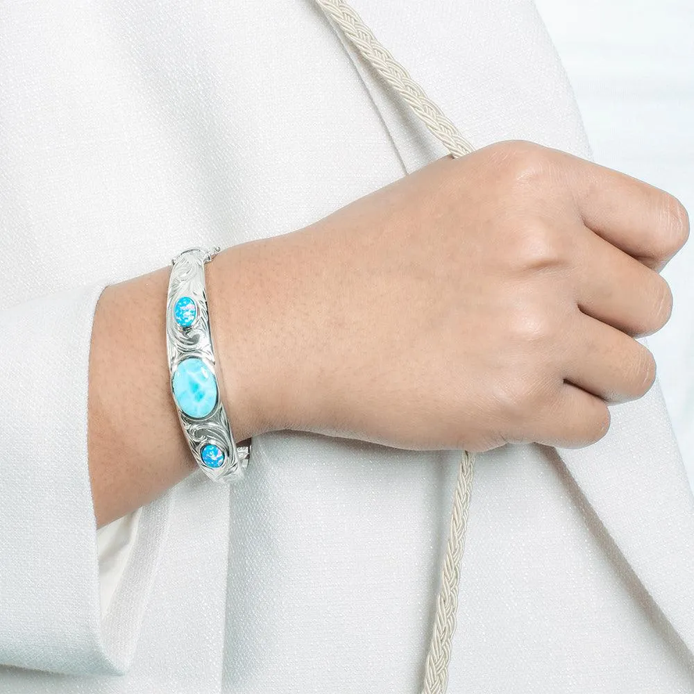 Larimar & Opal Engraved Scroll Bangle