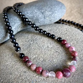 Long Shungite Necklace, Pink Gemstones, Love, Nurturing, Romance