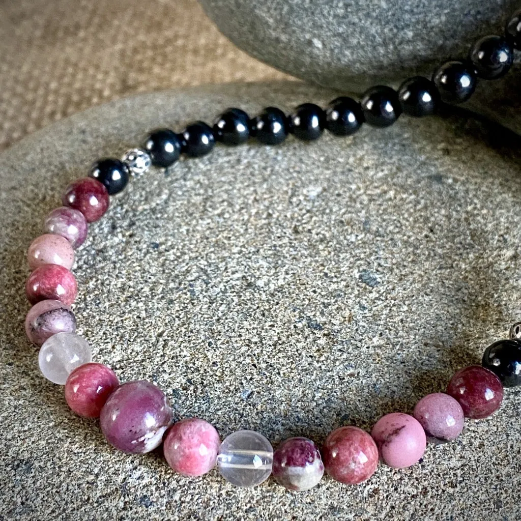 Long Shungite Necklace, Pink Gemstones, Love, Nurturing, Romance