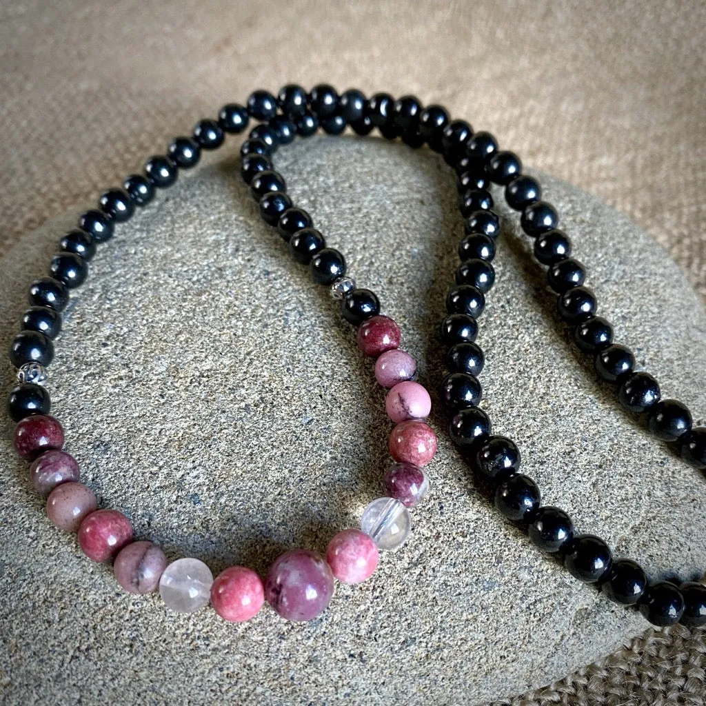 Long Shungite Necklace, Pink Gemstones, Love, Nurturing, Romance