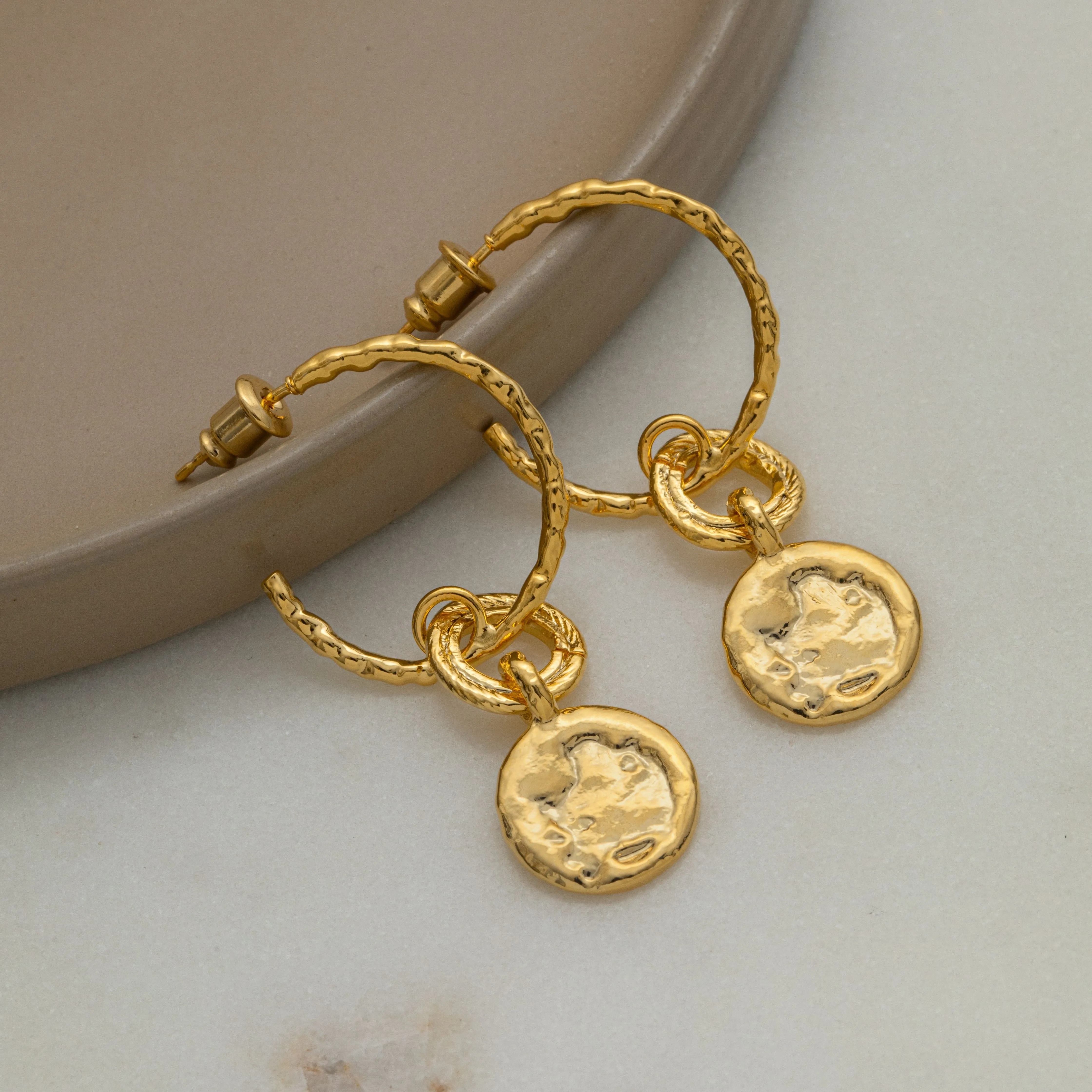 Molten Coin Hoop Drop Earrings