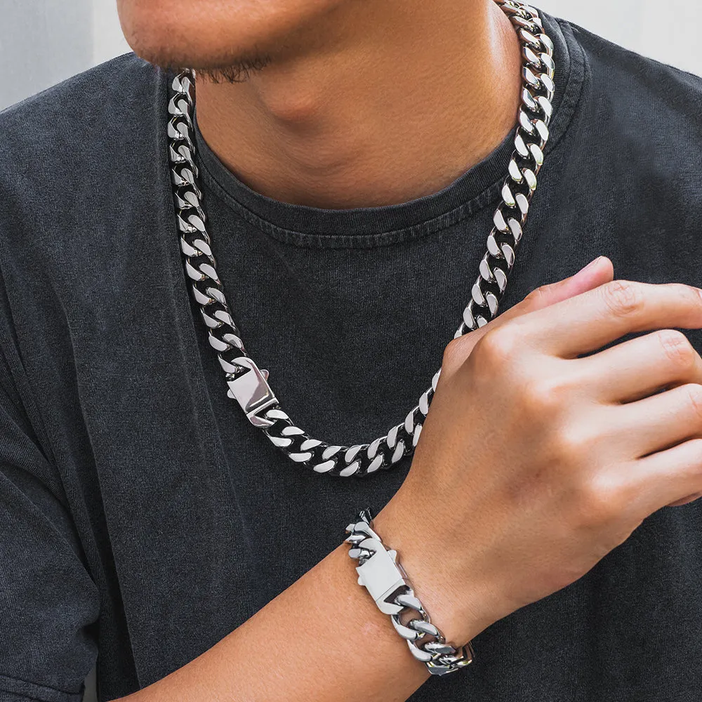 【NEW】14mm Miami Cuban Link Curb Chain and Bracelets Set with Hook Buckle Clasp in White Gold