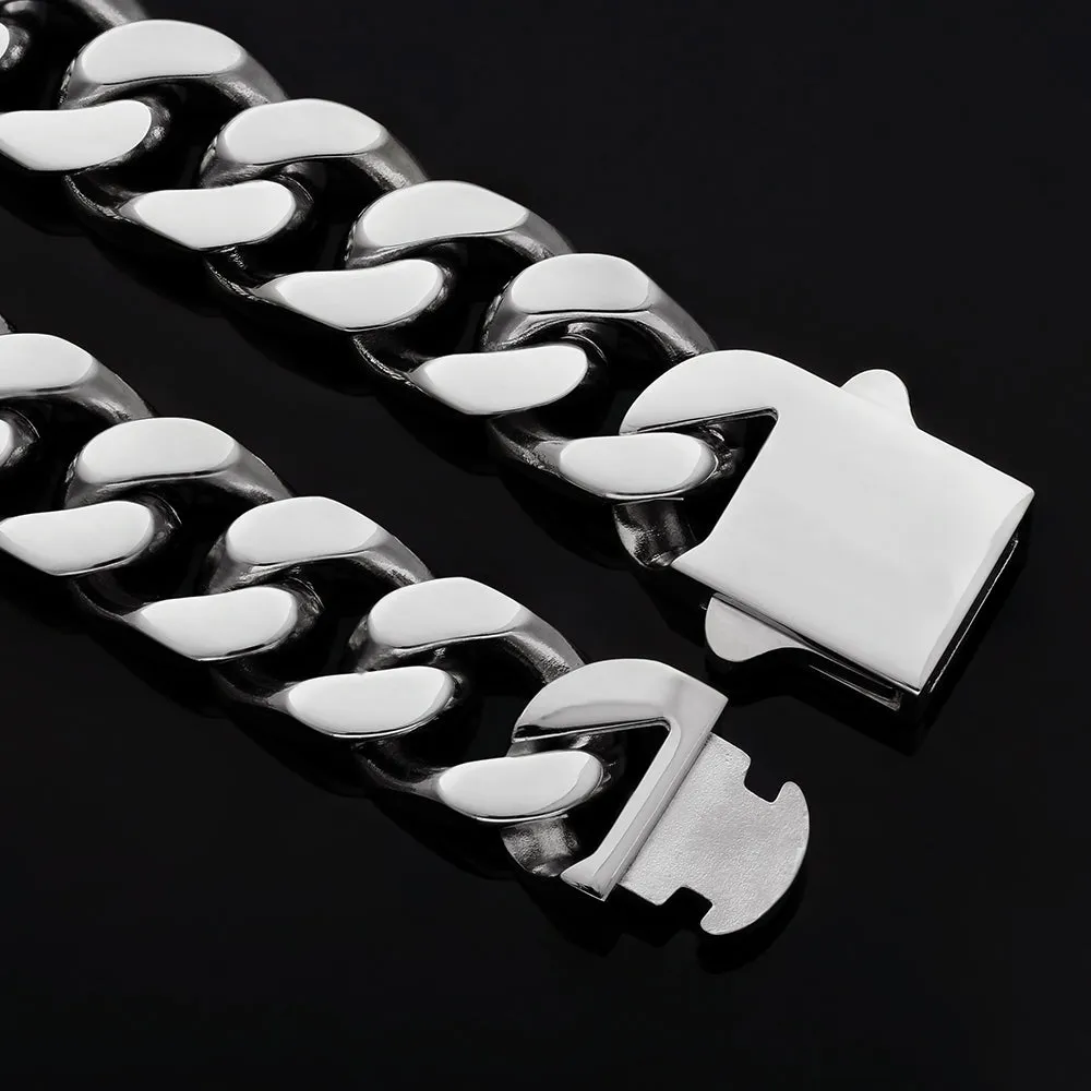 【NEW】14mm Miami Cuban Link Curb Chain and Bracelets Set with Hook Buckle Clasp in White Gold