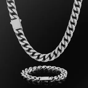 【NEW】14mm Miami Cuban Link Curb Chain and Bracelets Set with Hook Buckle Clasp in White Gold