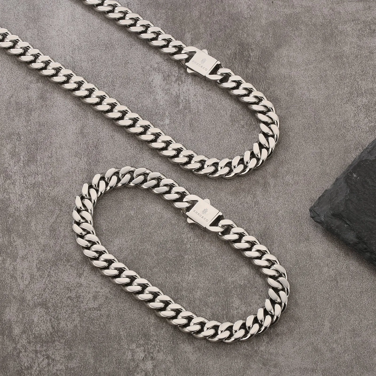 【NEW】8mm Miami Cuban Link Curb Chain and Bracelets Set with Hook Buckle Clasp in White Gold