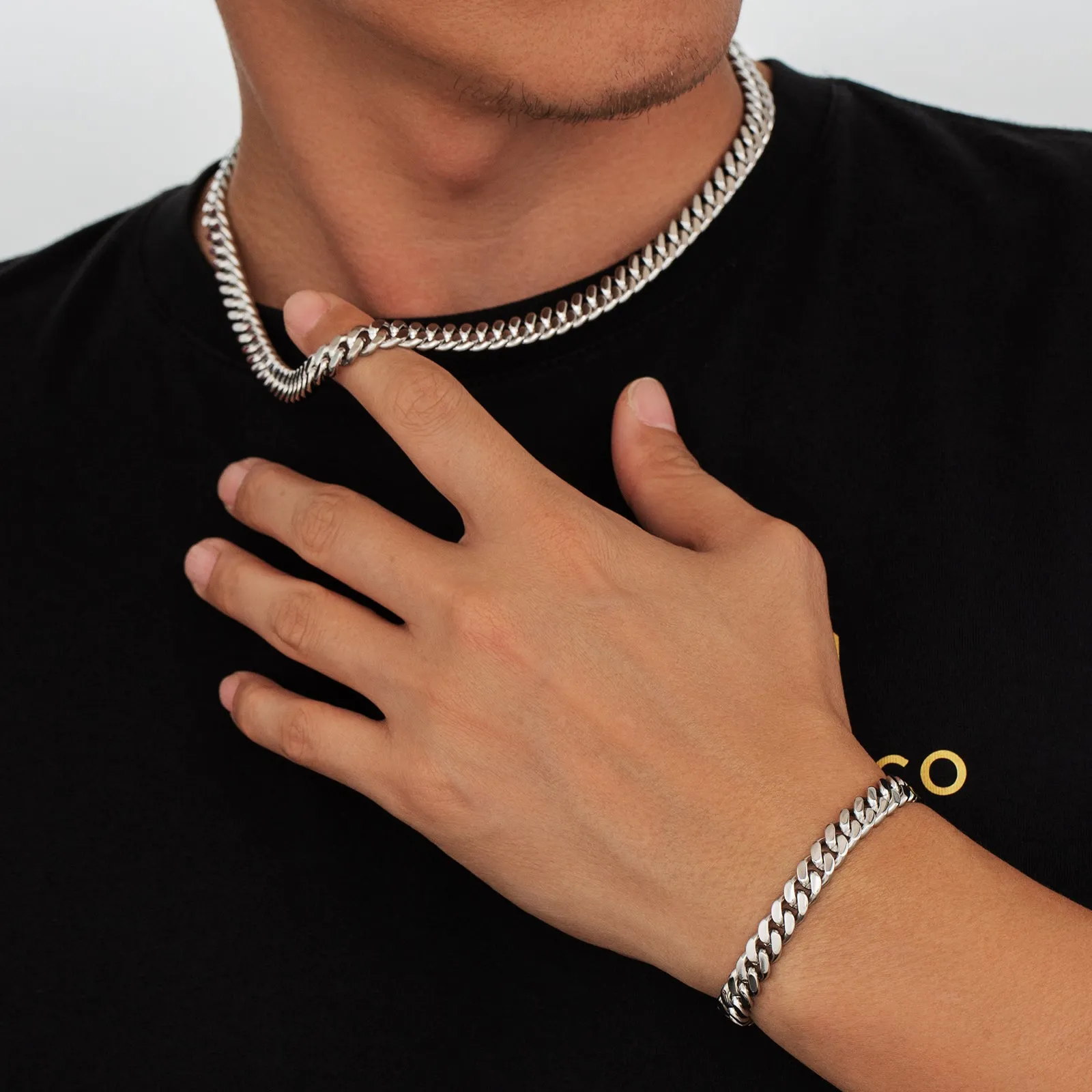 【NEW】8mm Miami Cuban Link Curb Chain and Bracelets Set with Hook Buckle Clasp in White Gold