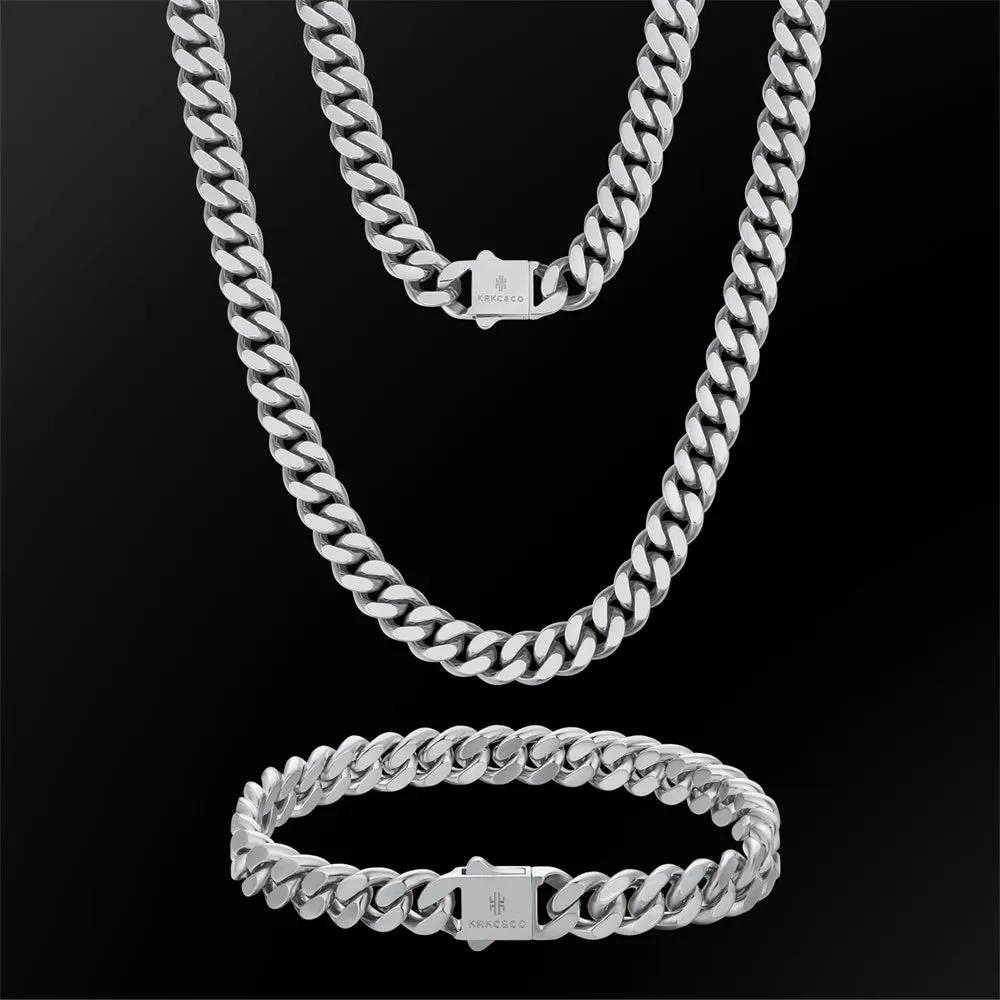 【NEW】8mm Miami Cuban Link Curb Chain and Bracelets Set with Hook Buckle Clasp in White Gold