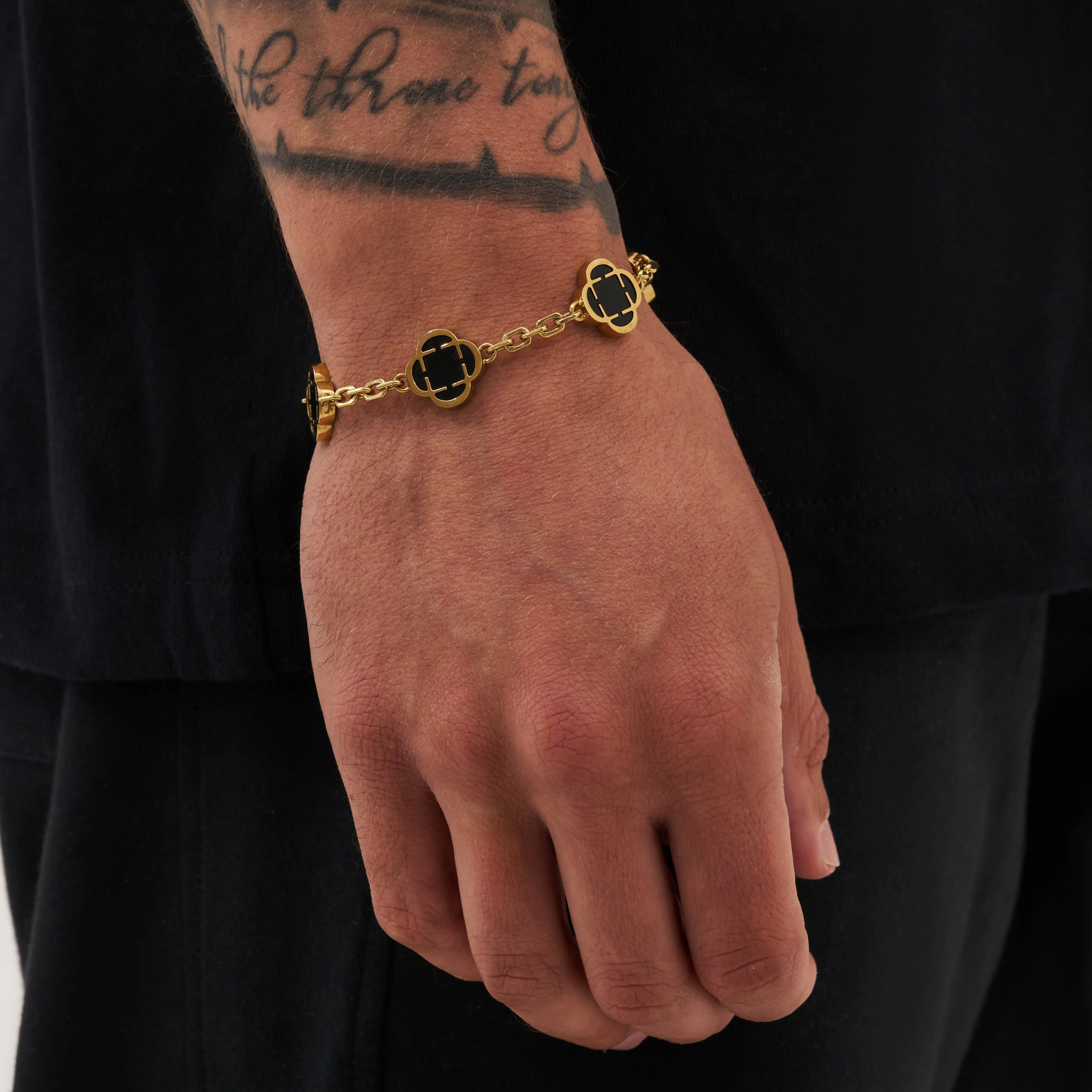 Onyx Clover Stone Bracelet (Gold)