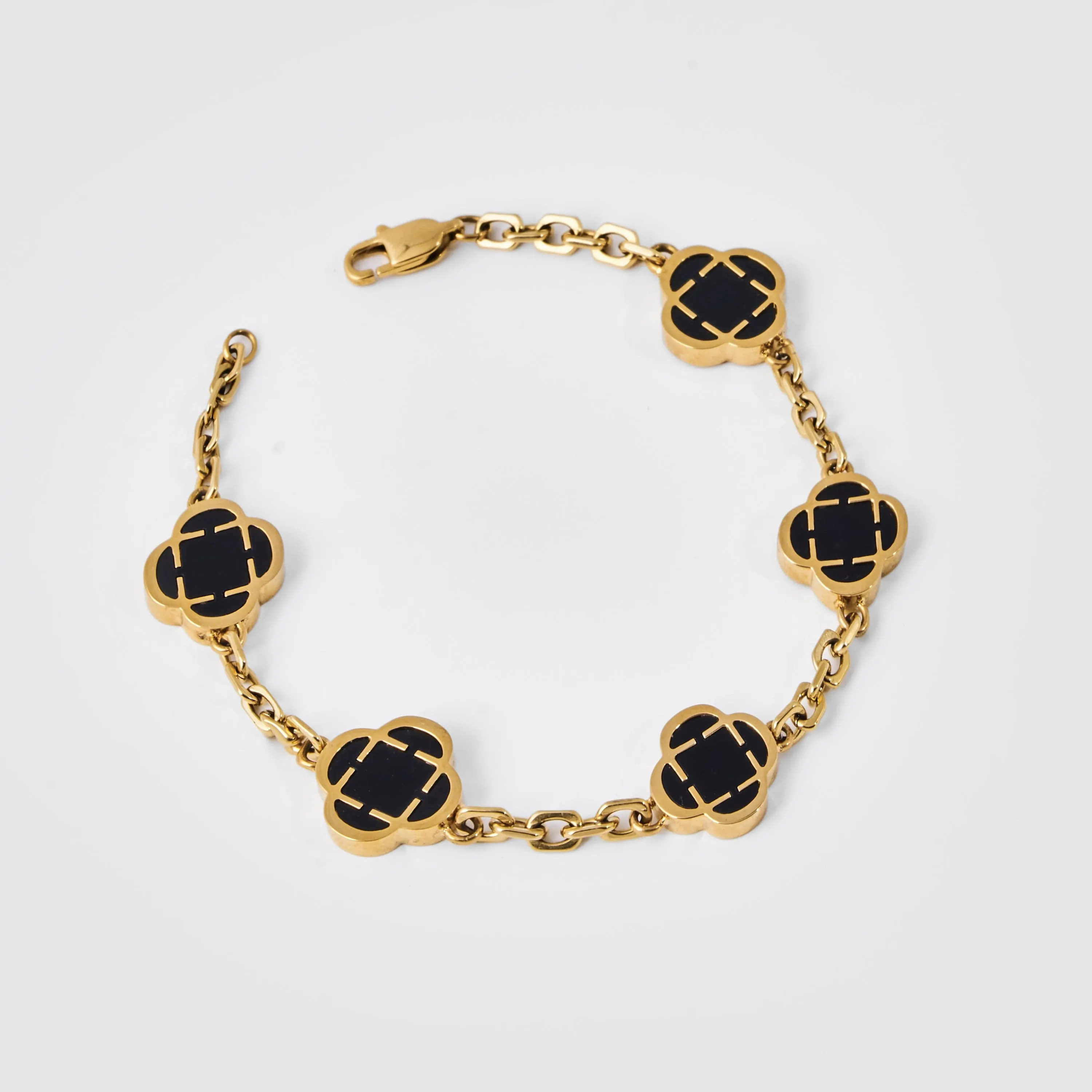 Onyx Clover Stone Bracelet (Gold)