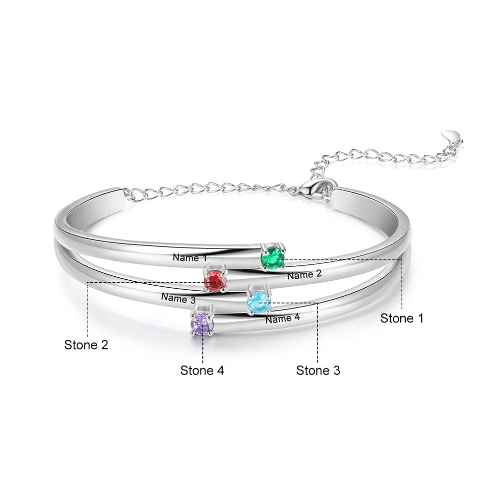 Personalized 4 Birthstones Family Bracelets for Women Custom Name Engraved Bracelet Mothers Day Gifts