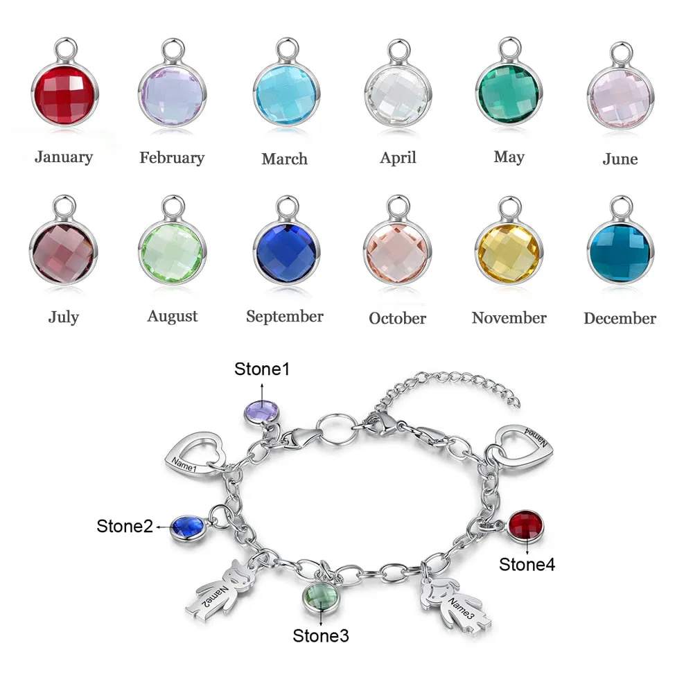 Personalized Engraved Name Boy Girl Heart Charm Bracelets for Women Custom 4 Birthstone Stainless Steel Chain Bracelet