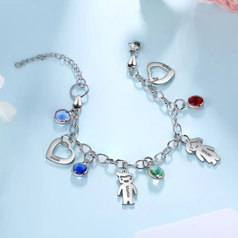 Personalized Engraved Name Boy Girl Heart Charm Bracelets for Women Custom 4 Birthstone Stainless Steel Chain Bracelet