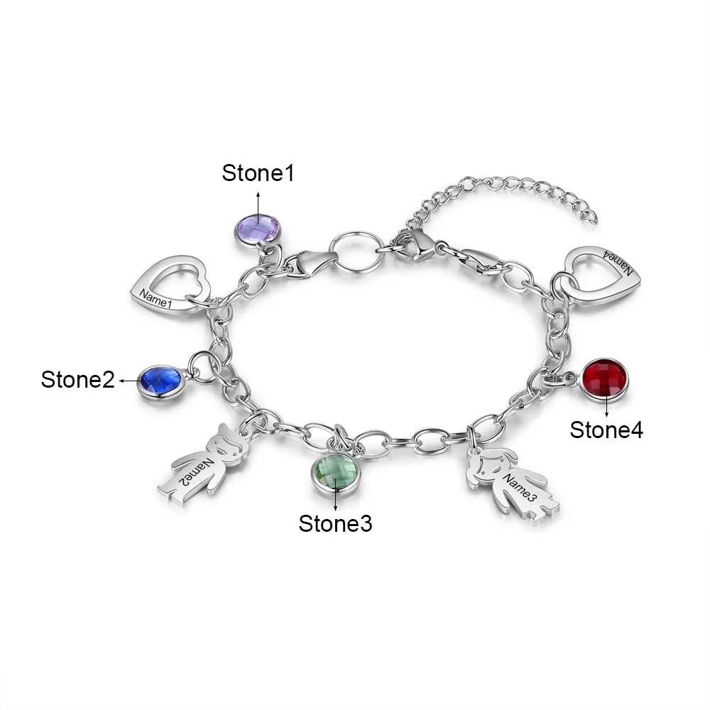 Personalized Engraved Name Boy Girl Heart Charm Bracelets for Women Custom 4 Birthstone Stainless Steel Chain Bracelet