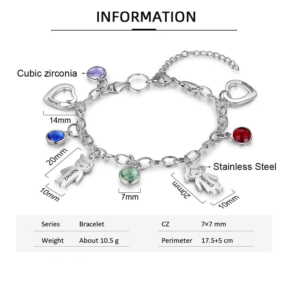 Personalized Engraved Name Boy Girl Heart Charm Bracelets for Women Custom 4 Birthstone Stainless Steel Chain Bracelet