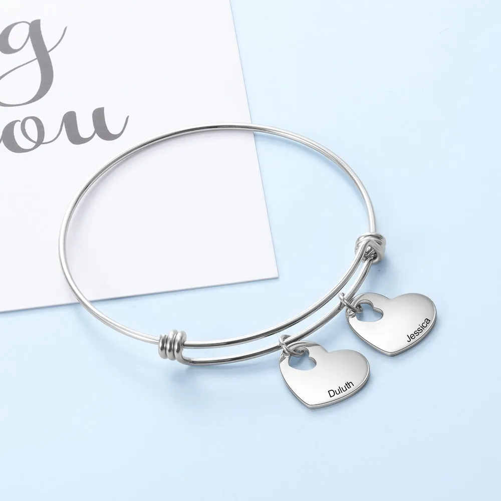 Personalized Engraved Name Heart Charms Bangles Stainless Steel Bracelets & Bangles Promise Gifts for Girlfriend Lovers