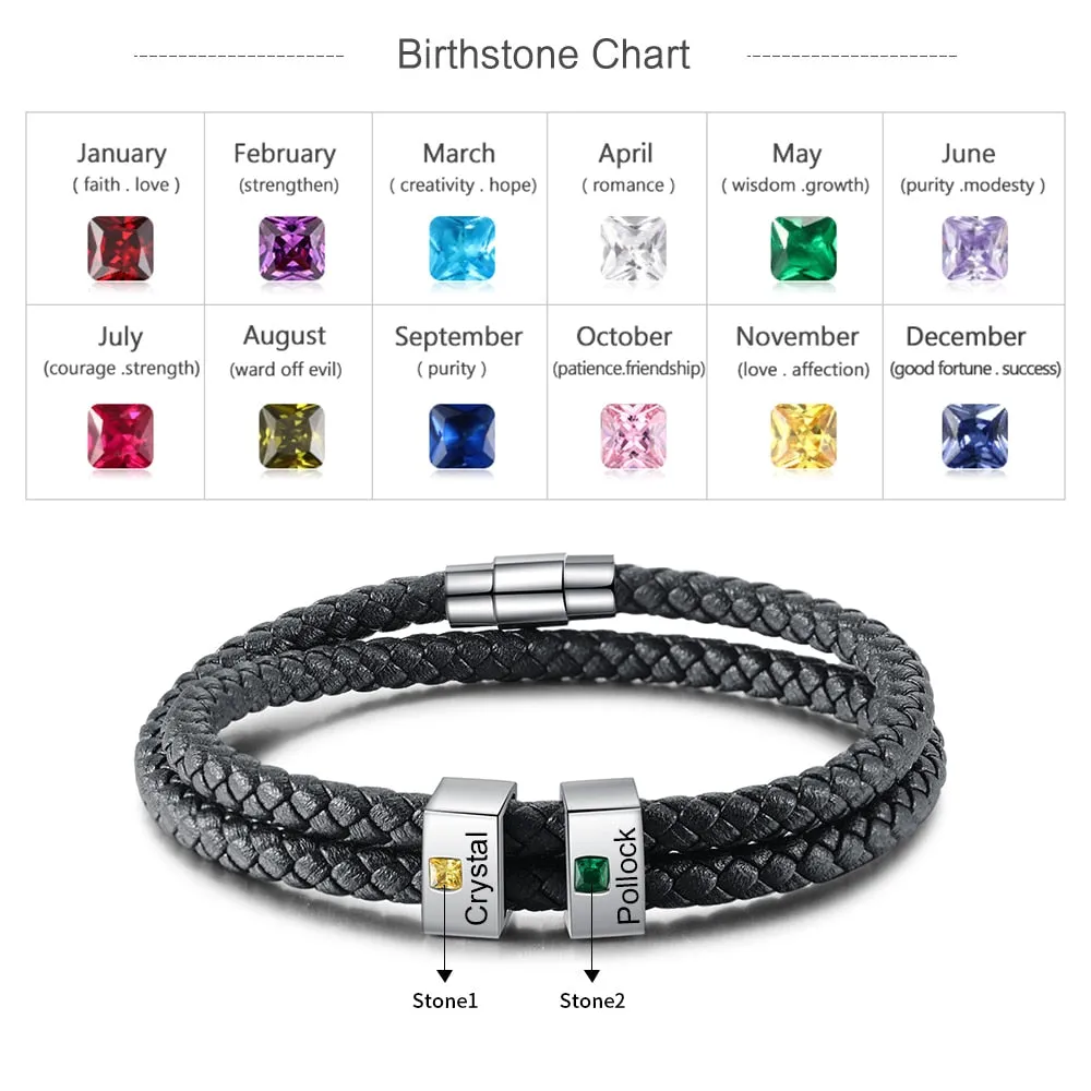 Personalized Square Engraved Beads Bracelet with Birthstone Custom Name Stainless Steel Black Braided Leather Bracelets for Men