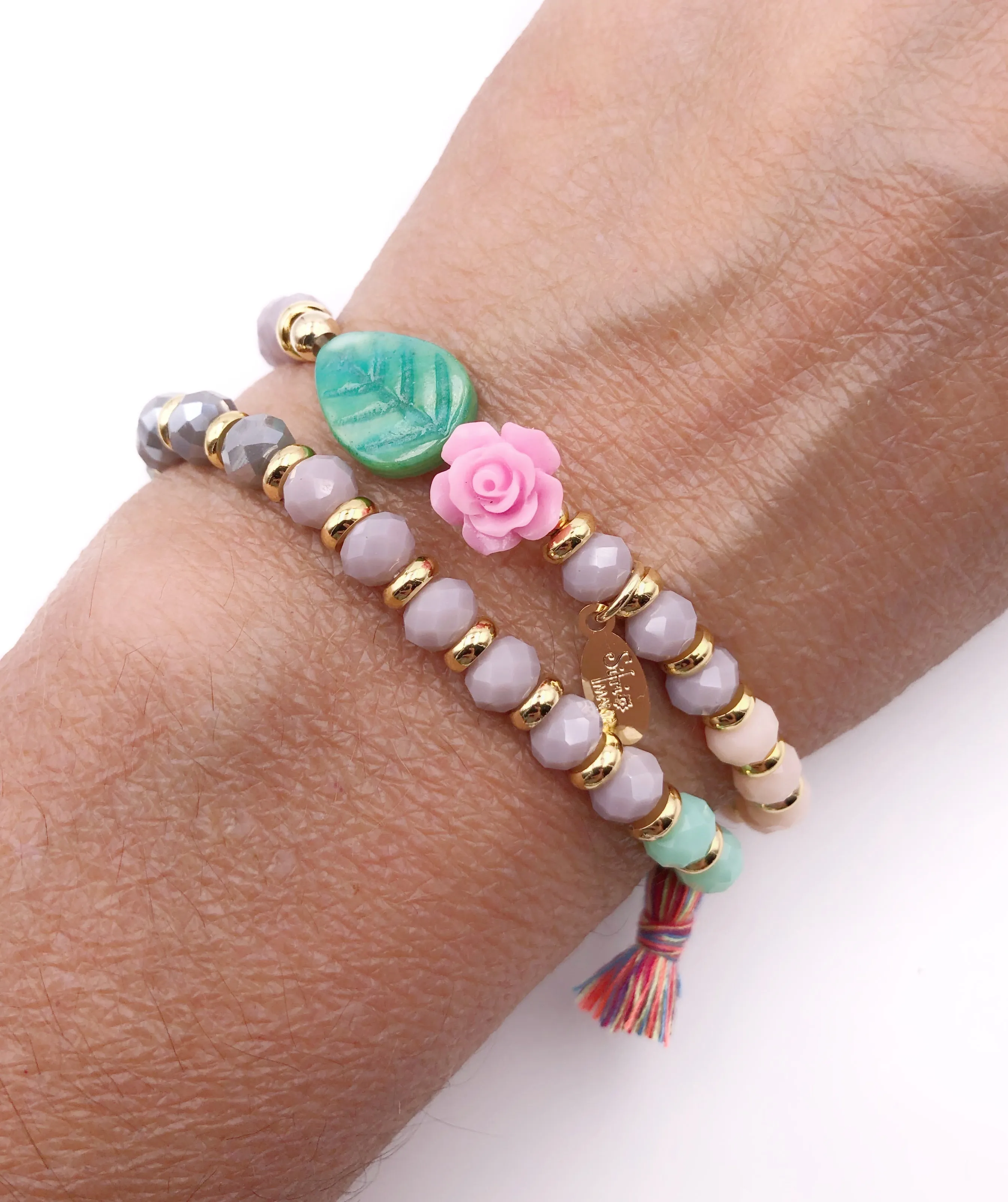 Pink Crystal Bracelet, Romantic Flower Pastel Set of 2 Matching Bracelets, Elastic Bracelet