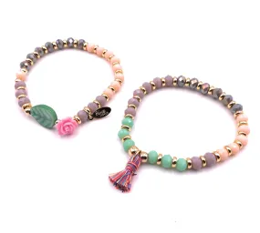 Pink Crystal Bracelet, Romantic Flower Pastel Set of 2 Matching Bracelets, Elastic Bracelet